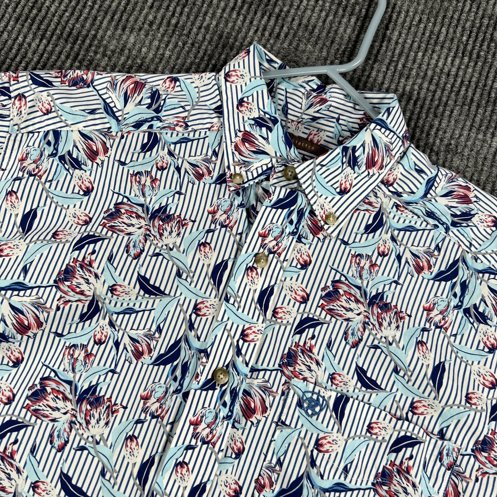 Ariat Shirt Mens Medium White Blue Floral Stripe Long Sleeve Stretch Western